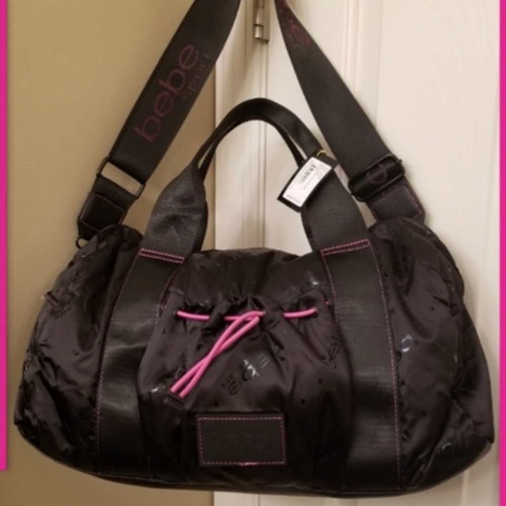 bebe Black and Purple Duffel Bag with Sleek Design